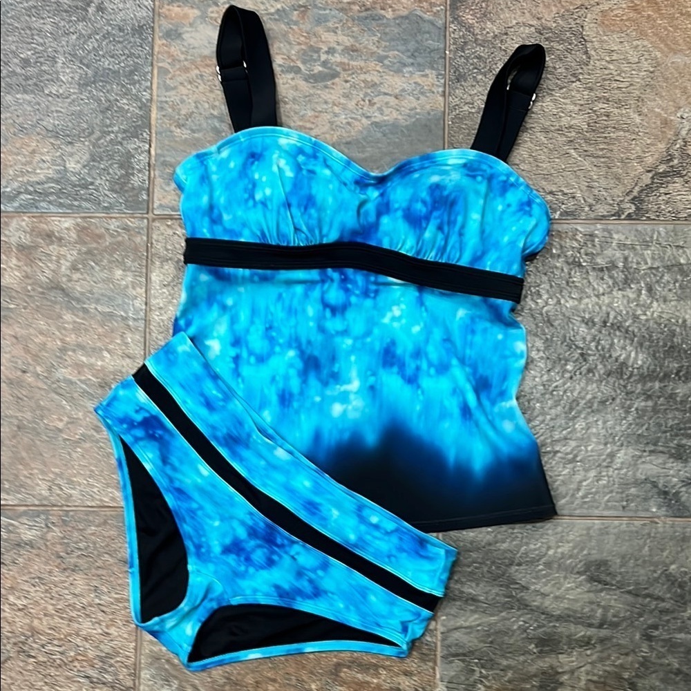 Athleta Blue and Black One Piece Swimsuit with Oceanic Pattern